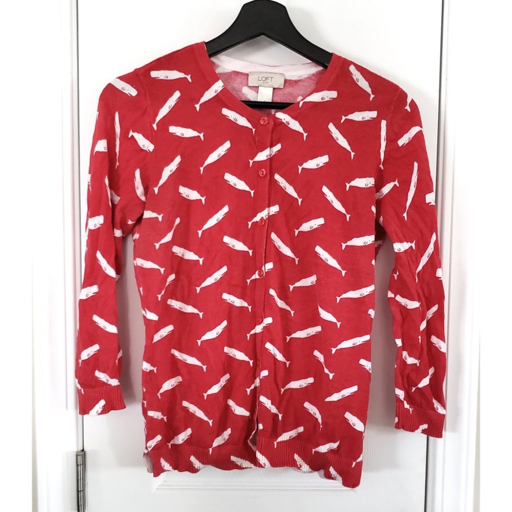 Loft Outlet Red and White Whale Cardigan